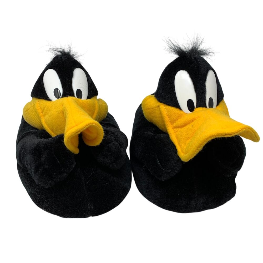 VTG Daffy Duck Plush Slippers Warner Bros Looney Tunes Adult 7-8 Black Yellow